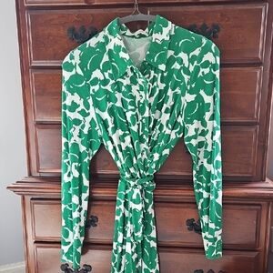 Diane von Furstenberg Green and White Patterned Wrap Dress